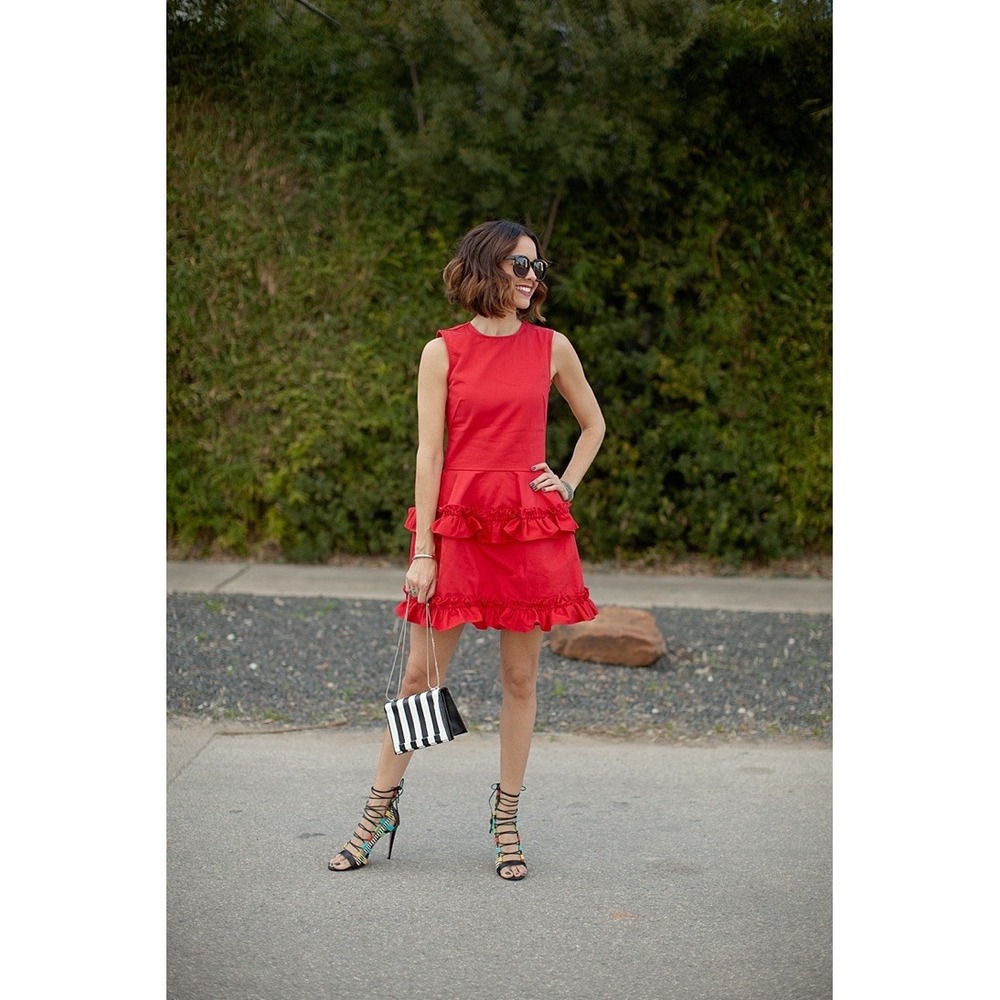 J Brand x Simone Rocha Red Structured Ruffle Tiered Mini Dress | Size Medium